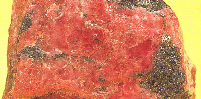 ロードクロサイト（Rhodochrosite） 濃い赤のこの石の標本を顔料にすることは一種の冒涜になるかもしれません。同じく高価なサファイヤ、ルビーそしてエメラルドたちが粉体にすると色を失ってしまうのに比べると、ロdークロサイトは十分に顔料となる性質を兼ね備えています。ぼくはこの色の濃い小さなかけらの標本からつくったティアーズ・ピンク（Tears pink　ピンクの涙の意）をごく少量持っています。標本産地：N’chwaning-mine,South Africa 